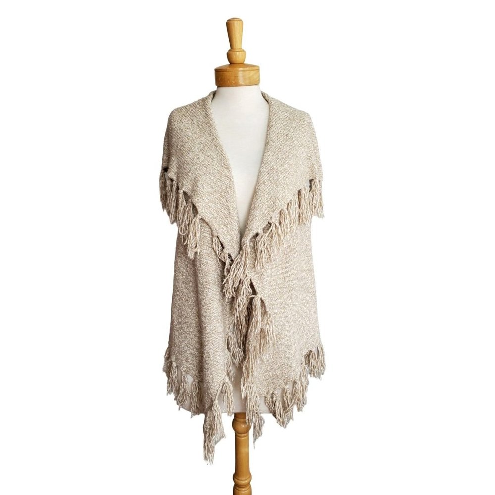 Kensie Knit Shawl Sweater Vest w/Fringe Marled Tan/Beige Boho Cozy Sz XS